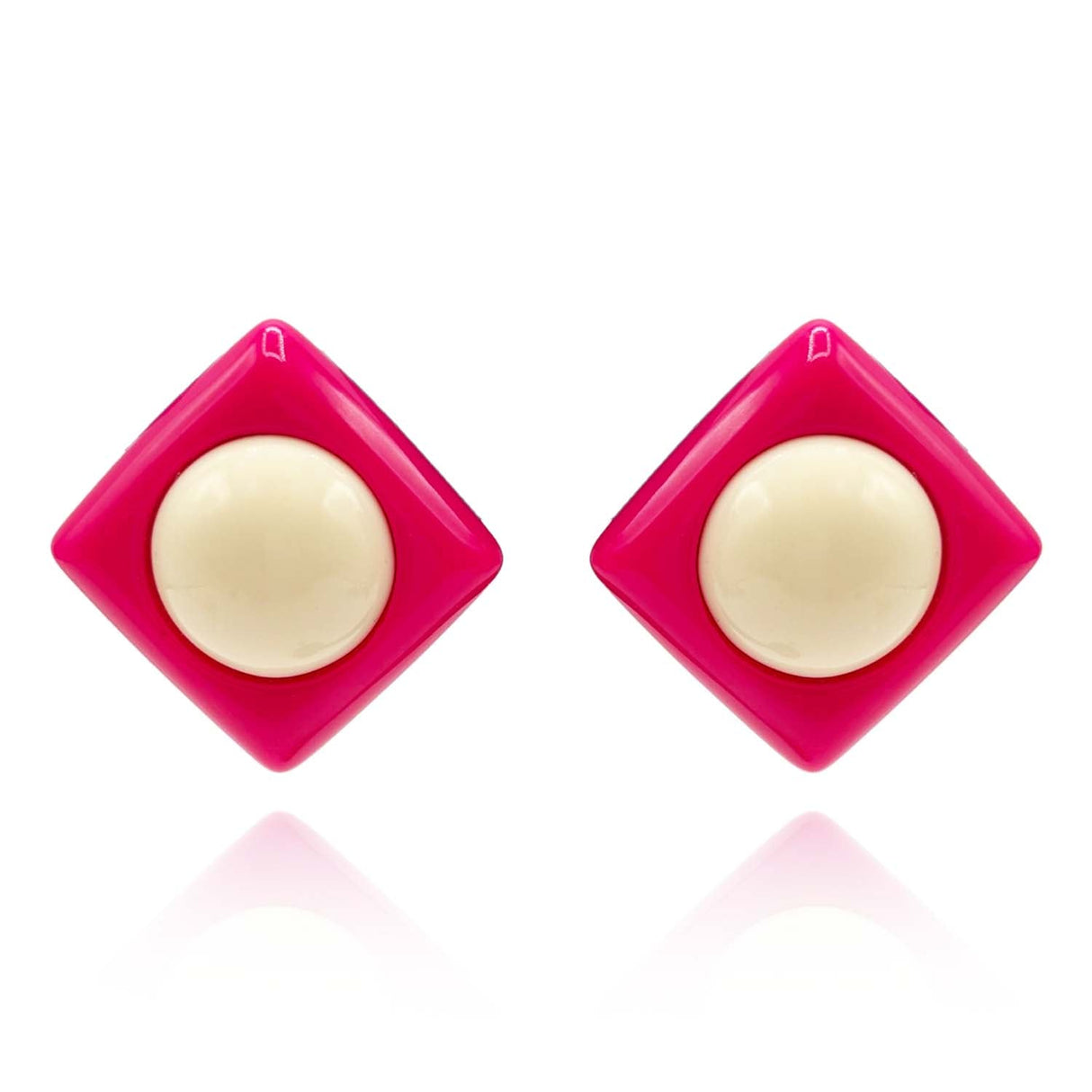 Fuschia Resin Square Clip on Earrings With Ivory Dome Center