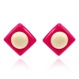 Fuschia Resin Square Clip on Earrings With Ivory Dome Center