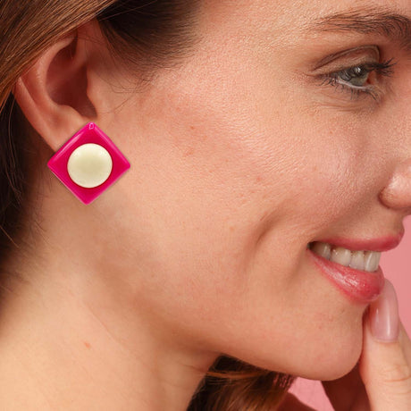Fuschia Resin Square Clip on Earrings With Ivory Dome Center