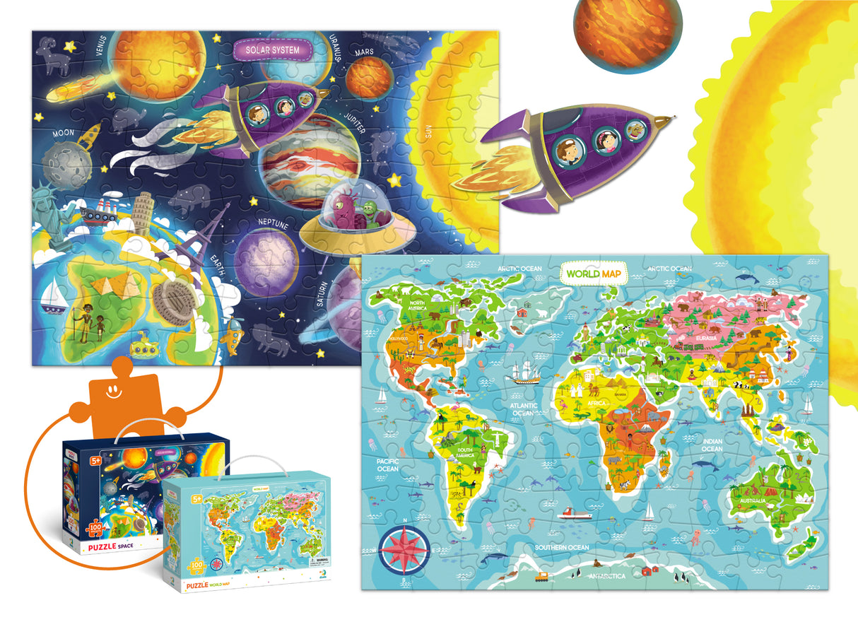 Dodo World Map & Space Jigsaw Puzzles Set (2 X 100 Pieces)