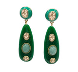 Sofia Green Resin and Enamel Pierced Earrings With Light Amethyst Crystal Stones