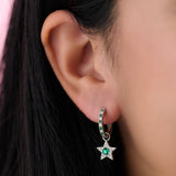 Celeste Mini Star Hoop Earrings Emerald Green & Silver