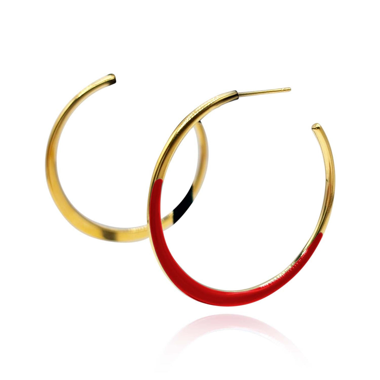 Gold and Red Enamel Hoop Earrings