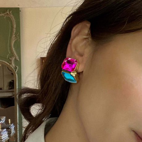 Fuschia and Peacock Blue Double Stone Clip Earrings