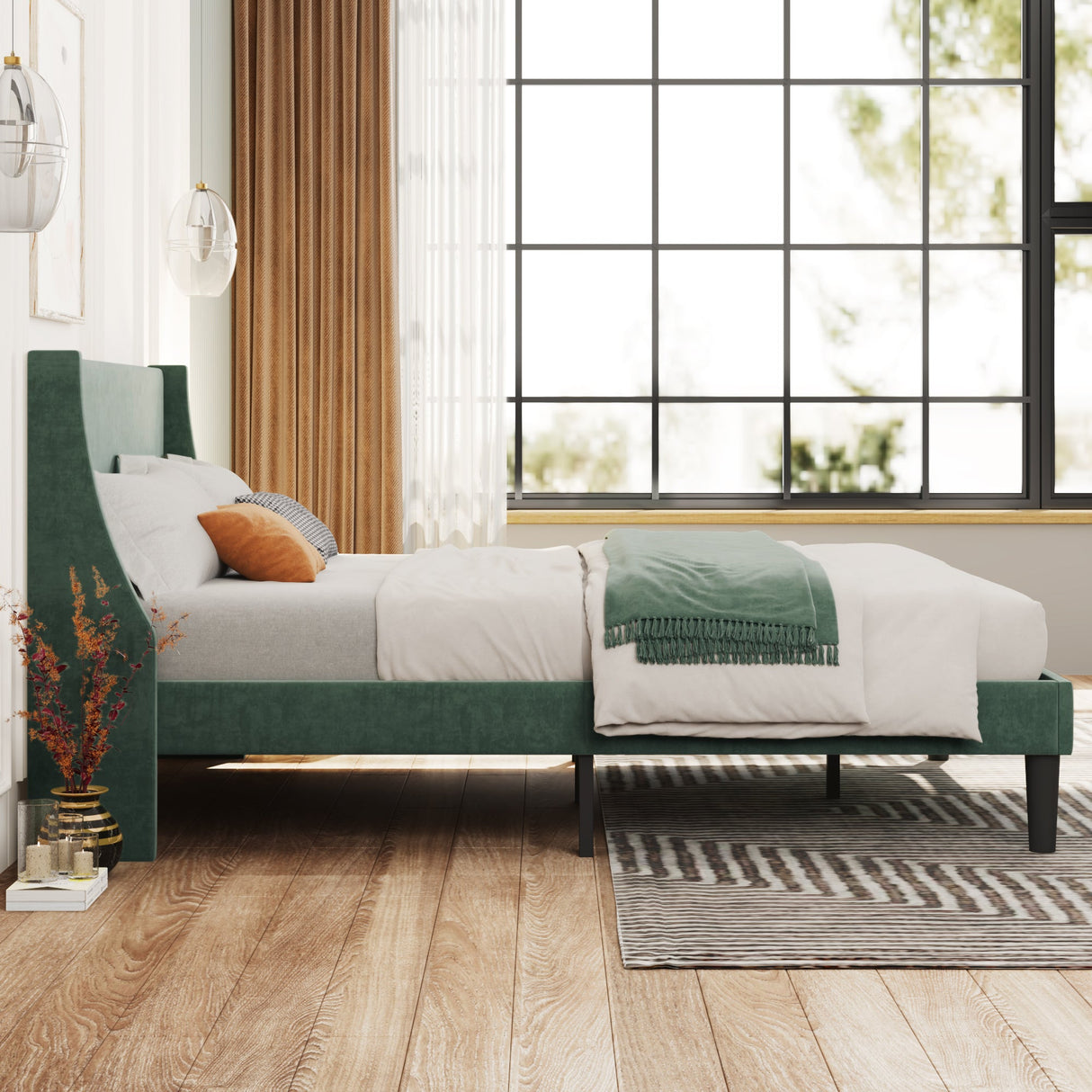 Single Bed Velvet Dark Green Upholstered Bed with Winged Headboard and Wood Slat Supports