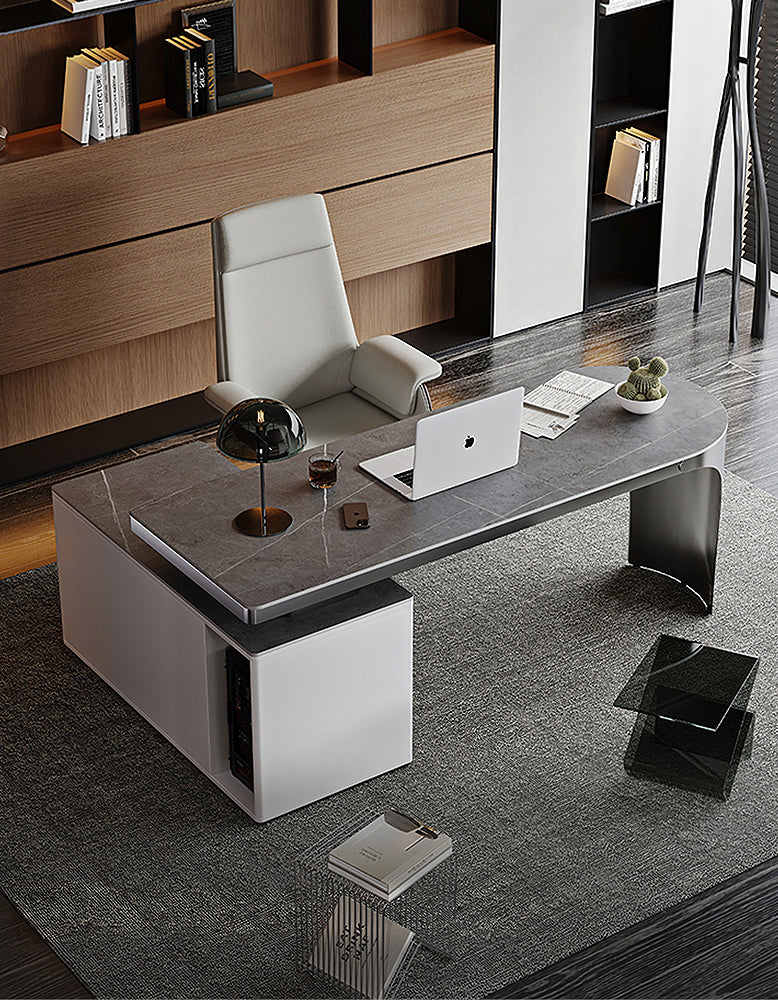 Abdi Corner Office Desk With Storage, Sintered Stone