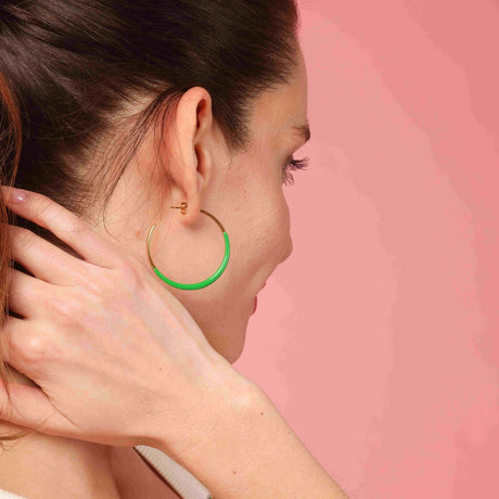 Gold and Green Enamel Hoop Eqrrings