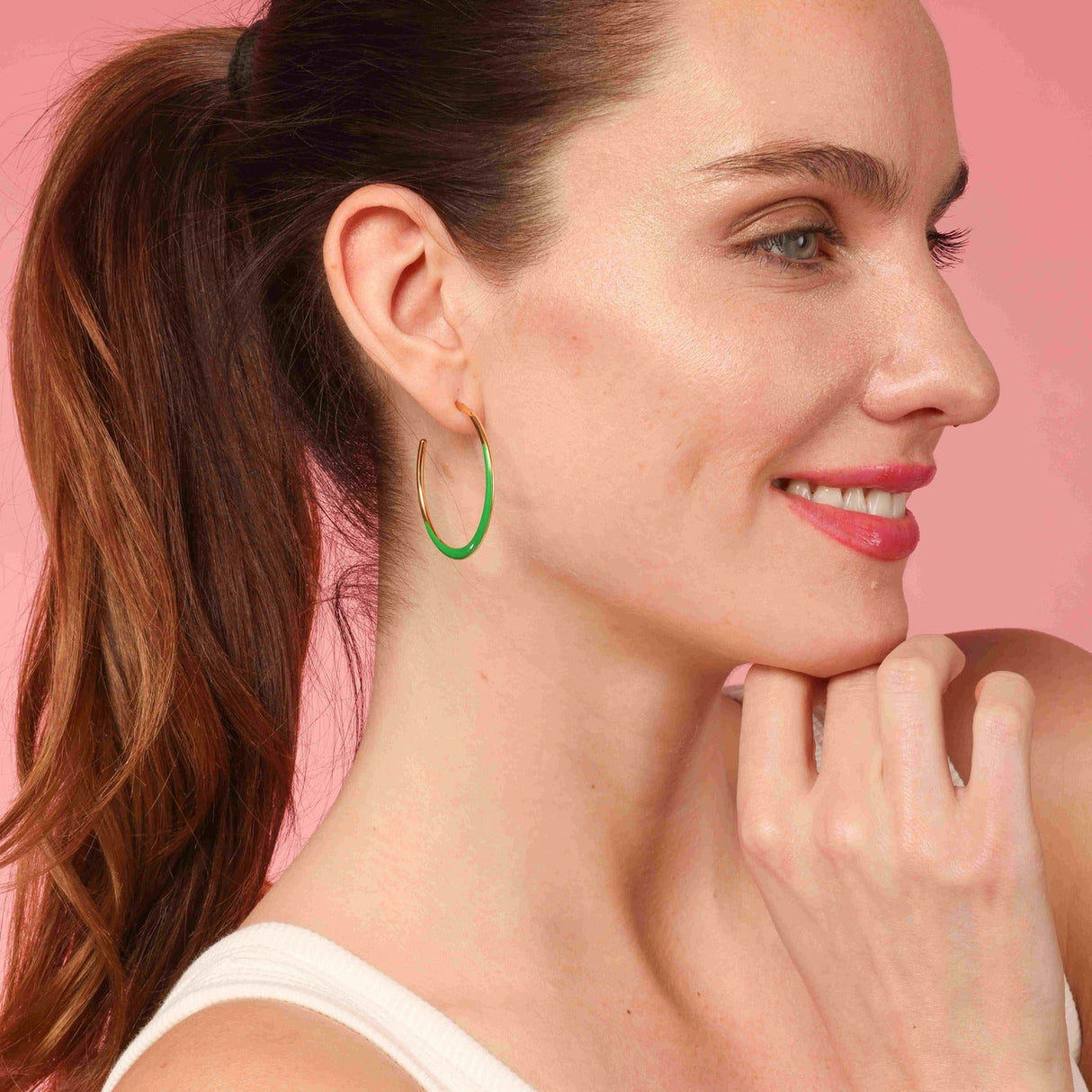 Gold and Green Enamel Hoop Eqrrings