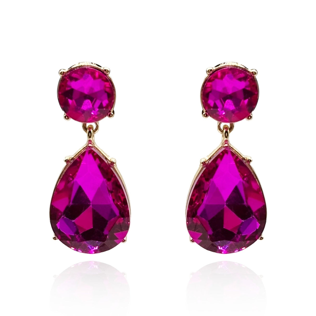 Large Pear-Faceted Fuschia Drop Clip on Earrings in Brass With Gold Plating