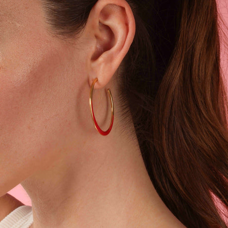 Gold and Red Enamel Hoop Earrings