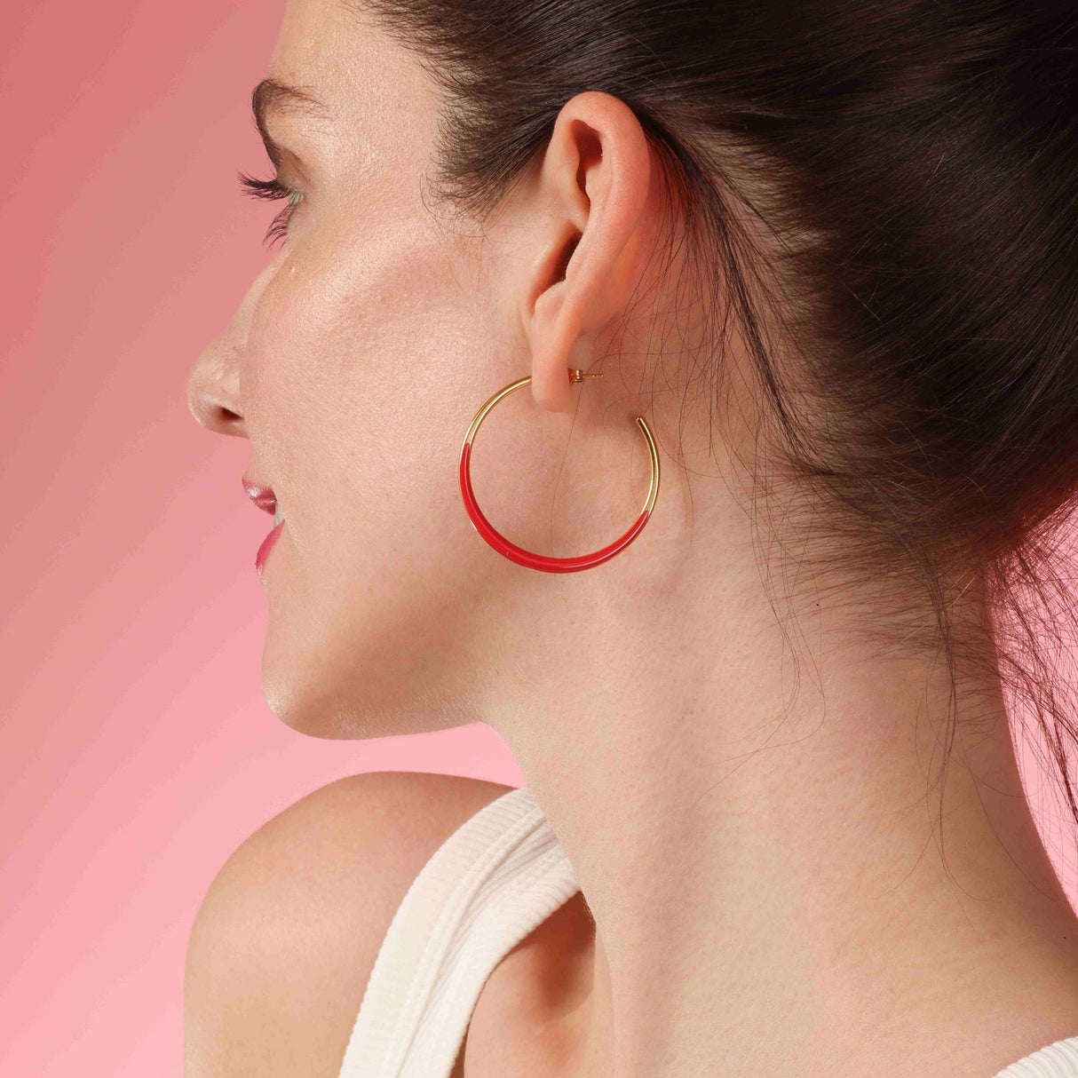 Gold and Red Enamel Hoop Earrings