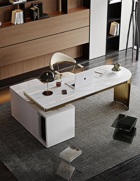 Abdi Corner Office Desk With Storage, Sintered Stone