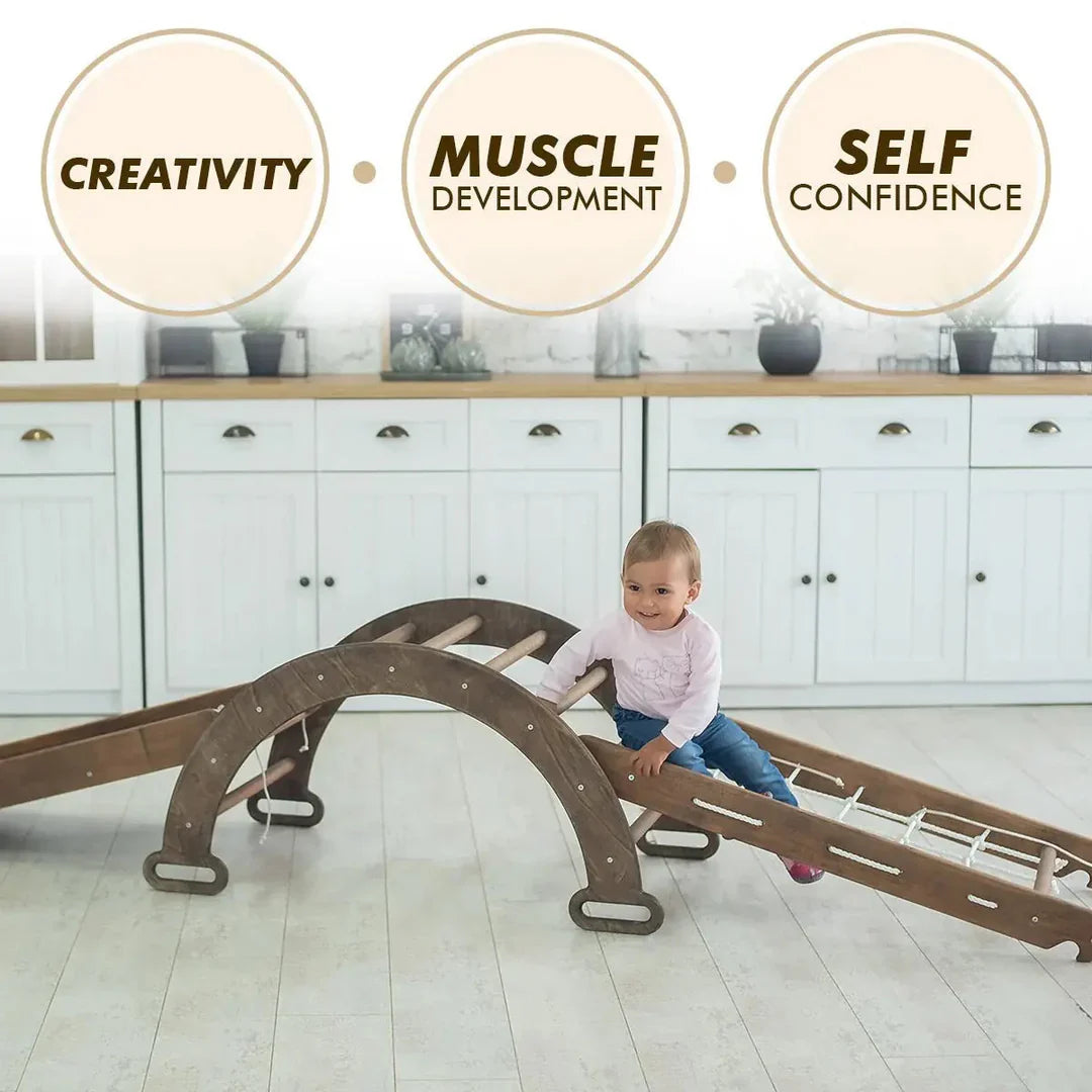 4in1 Montessori Climbing Frame: Triangle Ladder + Arch/Rocker + Slide Board/Ramp + Net – Chocolate