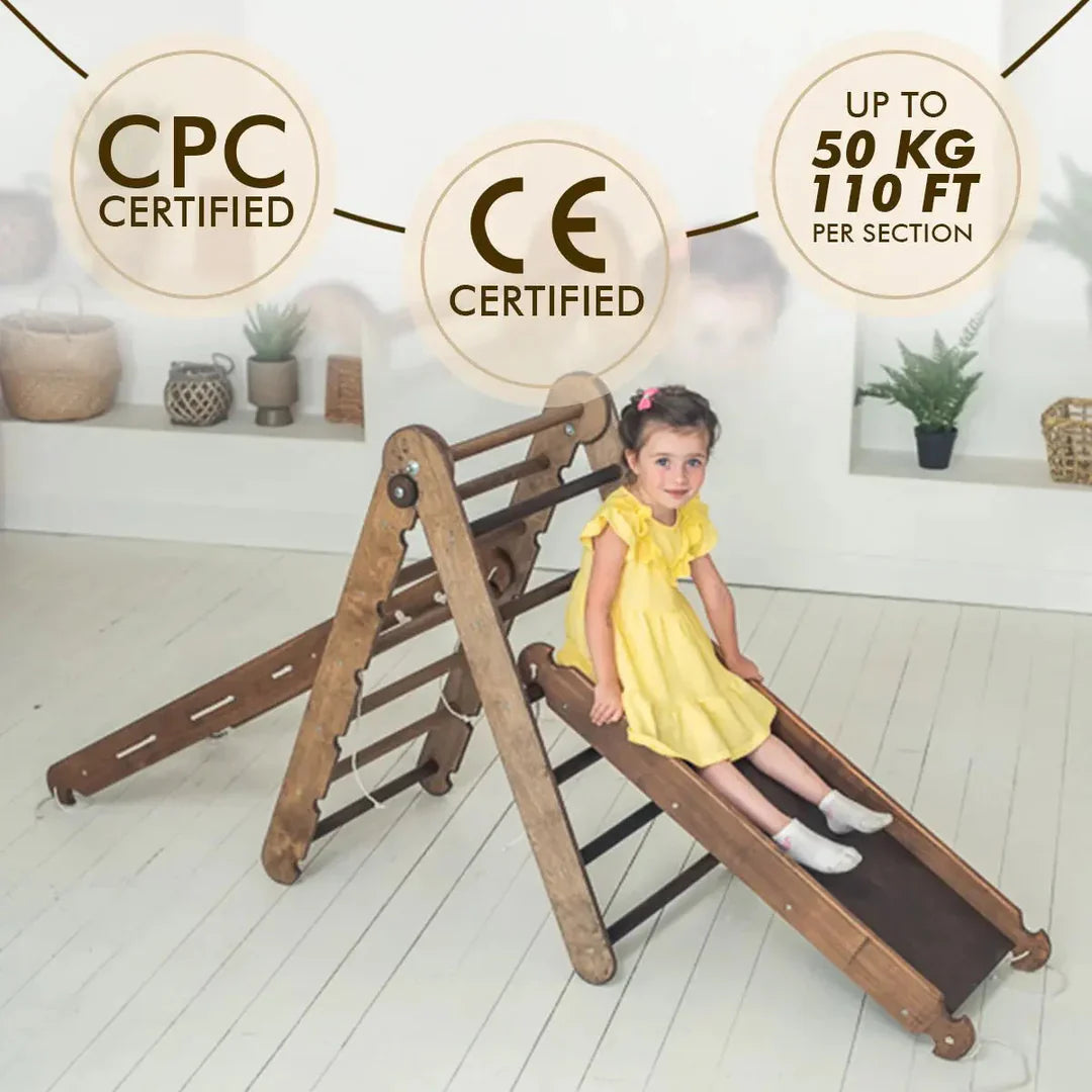 4in1 Montessori Climbing Frame: Triangle Ladder + Arch/Rocker + Slide Board/Ramp + Net – Chocolate