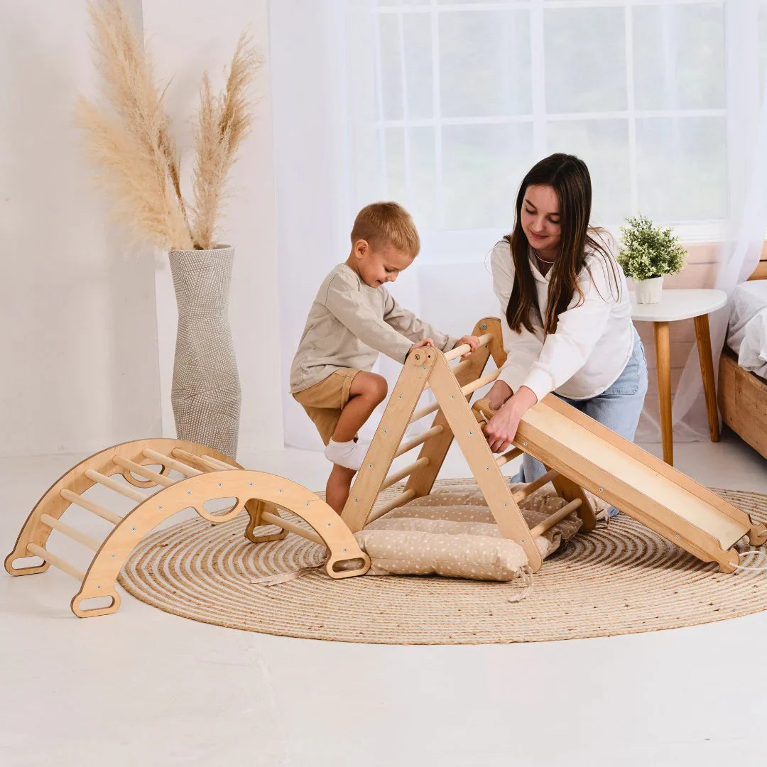 4in1 Montessori Climbing Frame: Triangle Ladder + Climbing Arch + Slide Board + Cushion (1-3 Y.o)