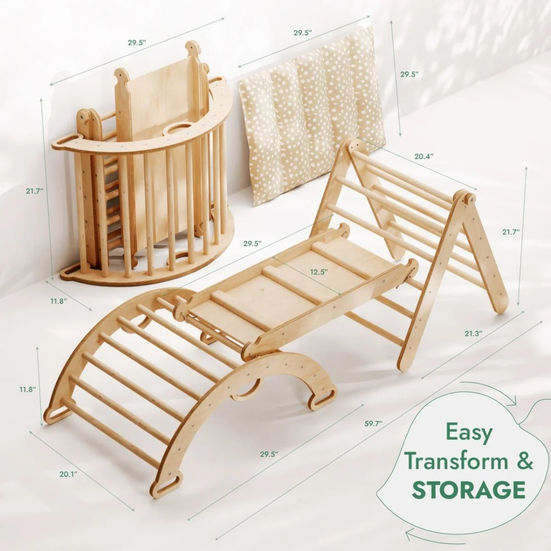 4in1 Montessori Climbing Frame: Triangle Ladder + Climbing Arch + Slide Board + Cushion (1-3 Y.o)