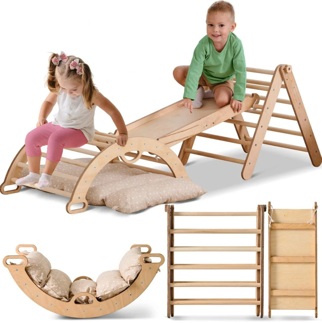 4in1 Montessori Climbing Frame: Triangle Ladder + Climbing Arch + Slide Board + Cushion (1-3 Y.o)
