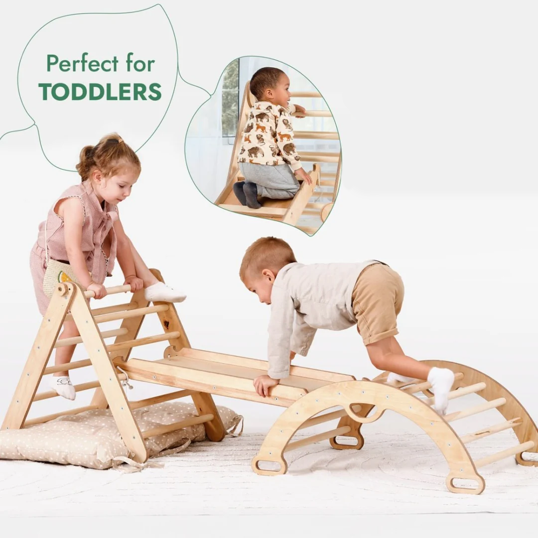 4in1 Montessori Climbing Frame: Triangle Ladder + Climbing Arch + Slide Board + Cushion (1-3 Y.o)