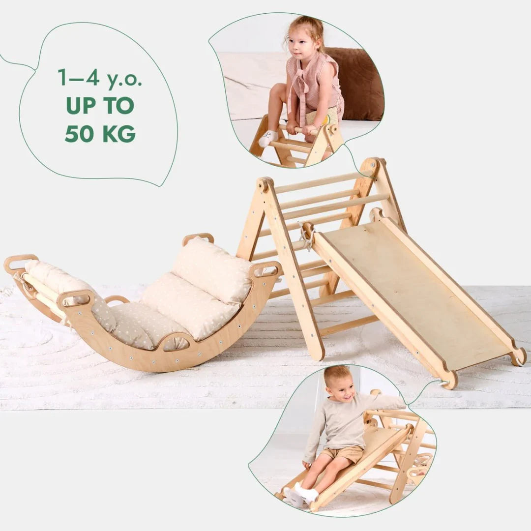 4in1 Montessori Climbing Frame: Triangle Ladder + Climbing Arch + Slide Board + Cushion (1-3 Y.o)