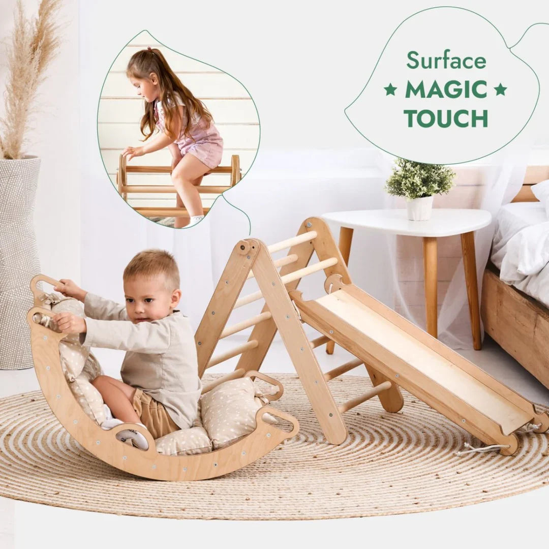 4in1 Montessori Climbing Frame: Triangle Ladder + Climbing Arch + Slide Board + Cushion (1-3 Y.o)