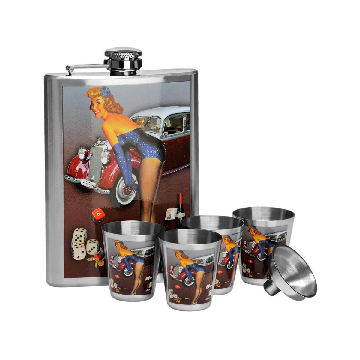 Pinup Hip 8Oz 4 Cups Flask Set