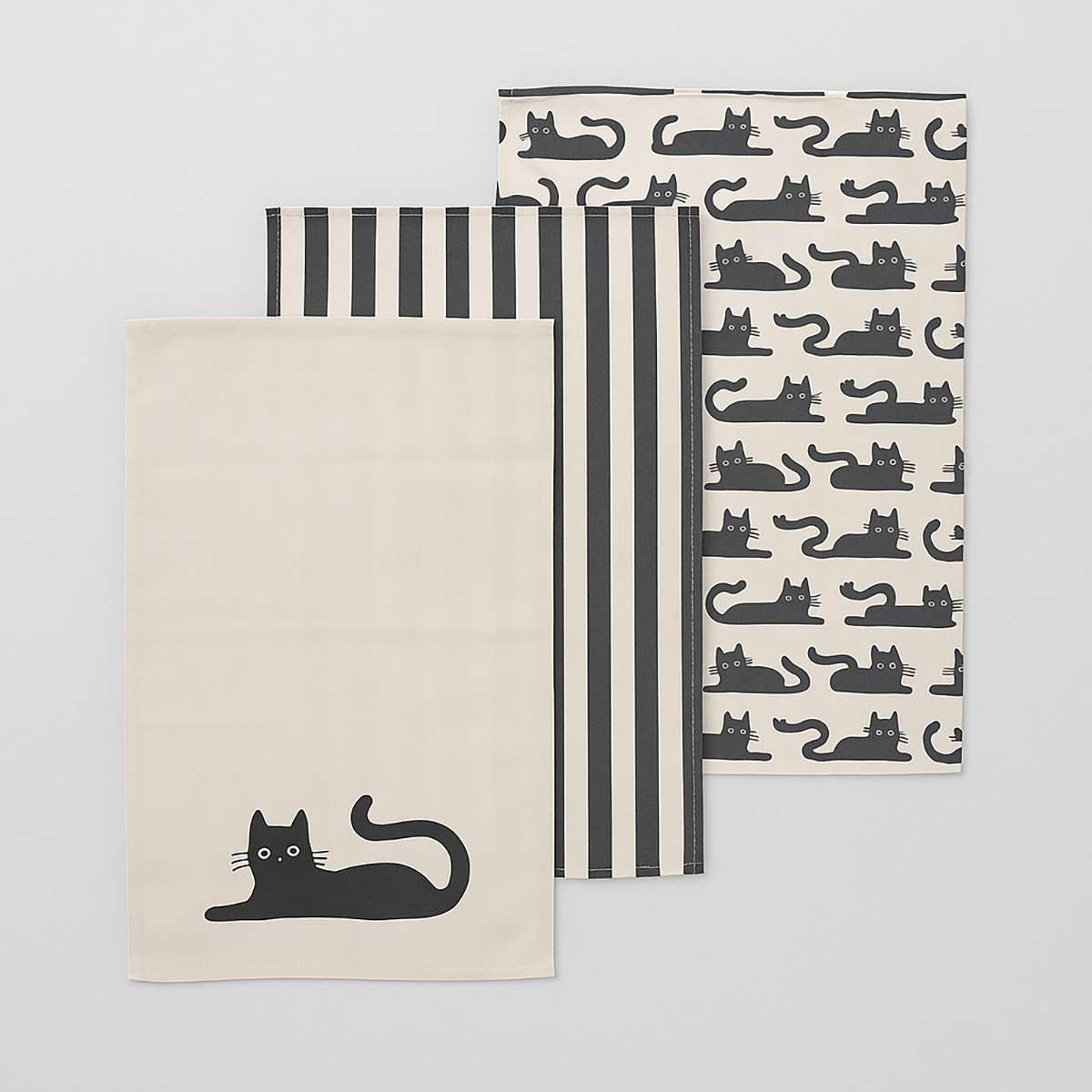 Set Of Three Black Cat Tea Towels