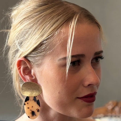 Chiara Worn Gold and Tortoise Pierced Resin Drop Earrings