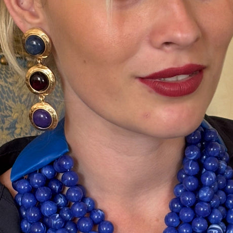 Flora Three Stone Lapis and Carnelian Resin Pierced Earrings