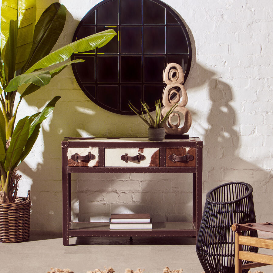 Kensington Townhouse Brown And White Genuine Cowhide 3 Drawer Table