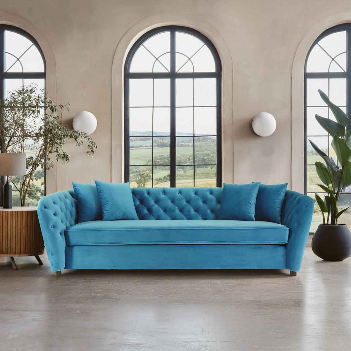 Riva 3 Seat Cyan Velvet Sofa