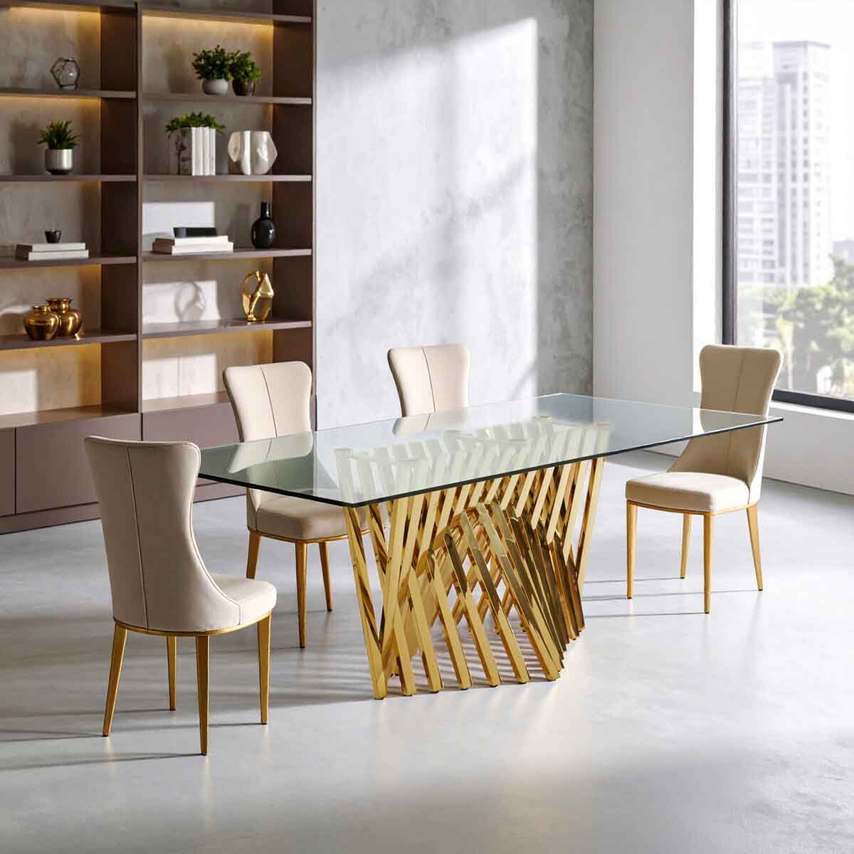 Arezzo Tempered Glass Top Dining Table With Gold Finish Frame