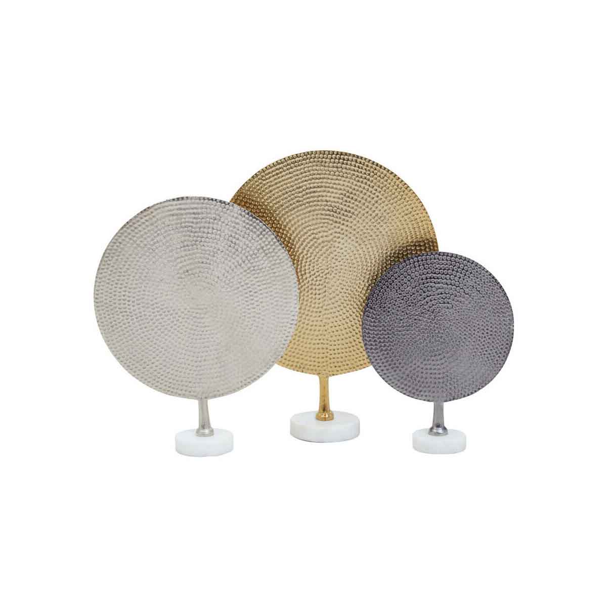 Elias Set Of Three Gold Silver And Black Hammered Metal Sculptures