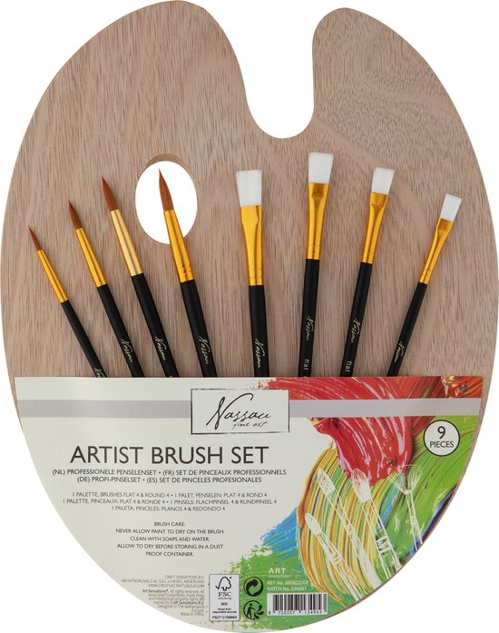 Wooden Palette With 4 Flat and 4 Round  Brushes