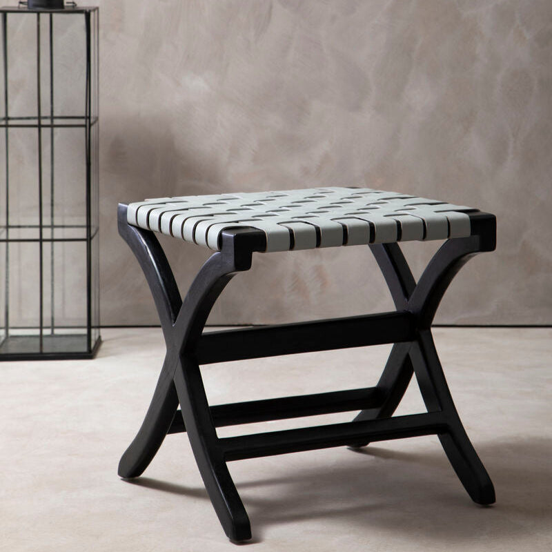 Kendari Grey Leather And Teak Stool