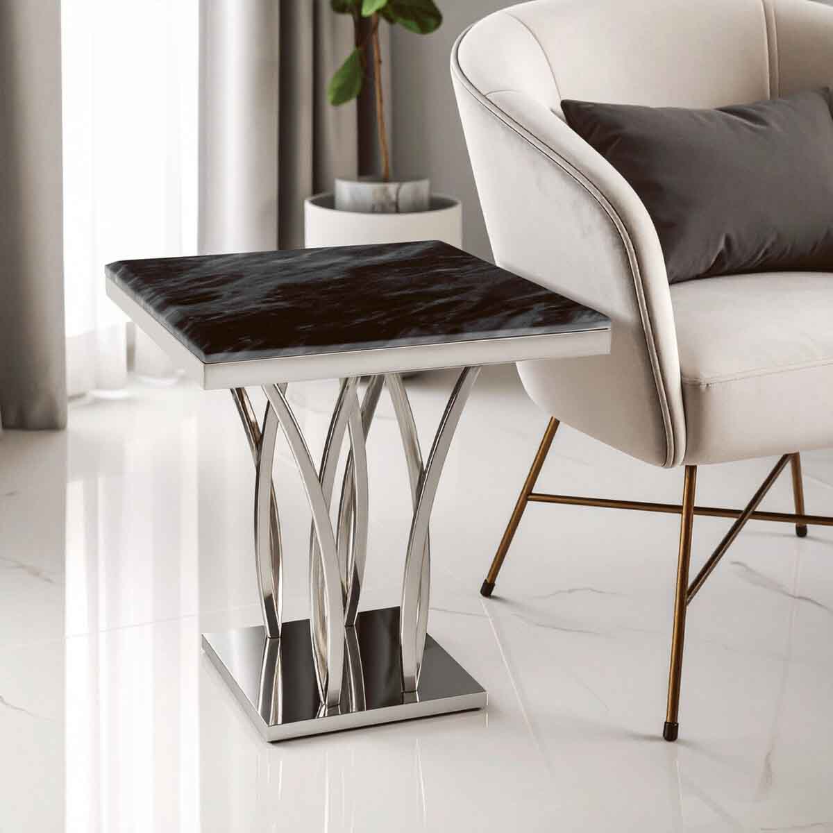 Arenza Black Marble And Silver Side Table