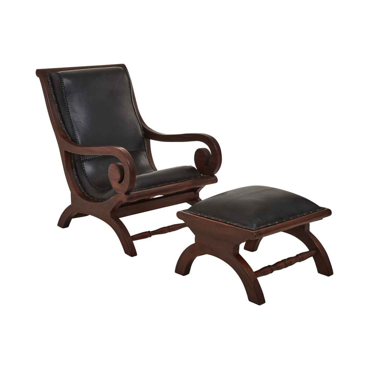 Inca Genuine Black Leather and Teak Lounge Chair with Footstool