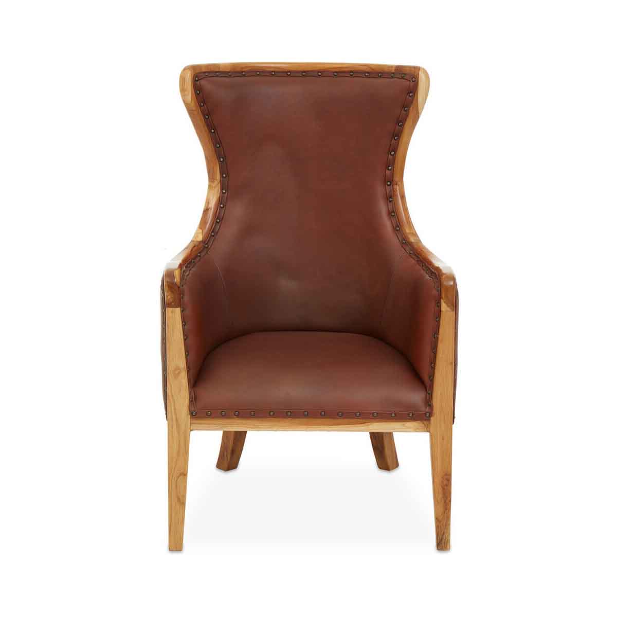 Kendari Brown Cow Leather and Teak Wood Frame Chair