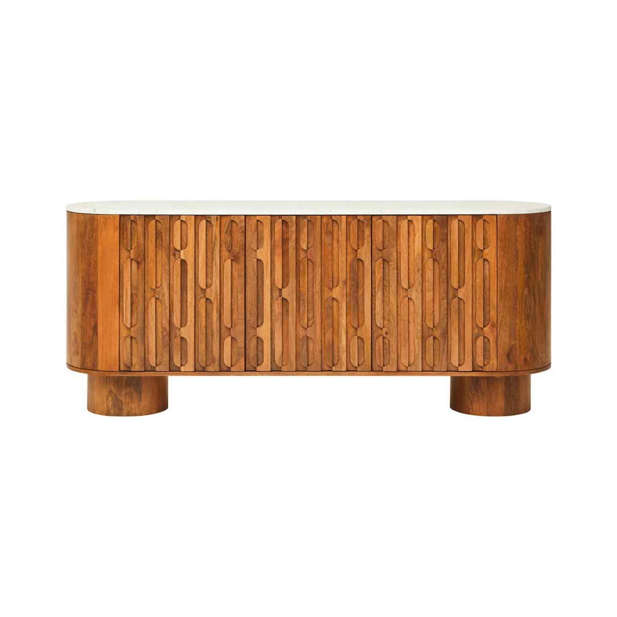 Torcino Mango Wood Carved Design Marble Top Three Door Sideboard