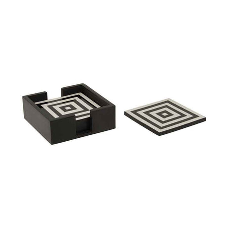 Donato Set of Four Black and White Stripe Coasters with Holder