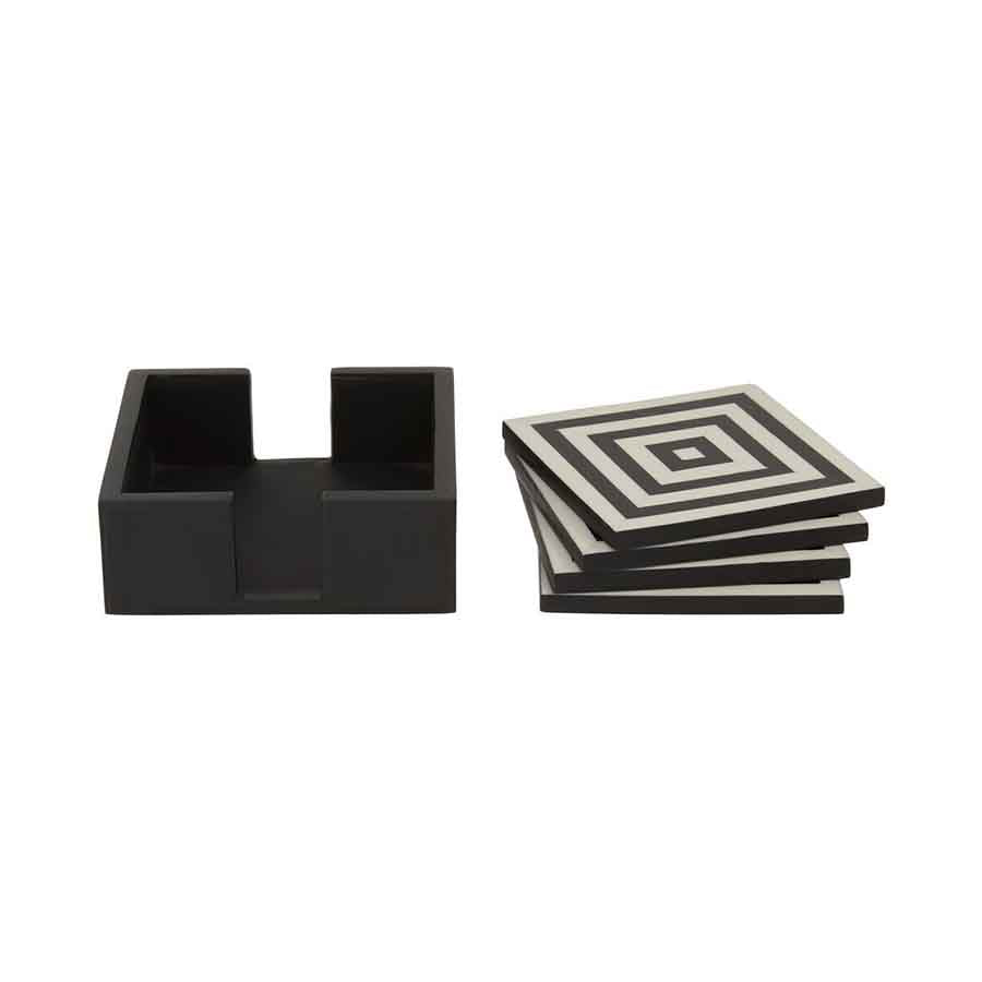 Donato Set of Four Black and White Stripe Coasters with Holder