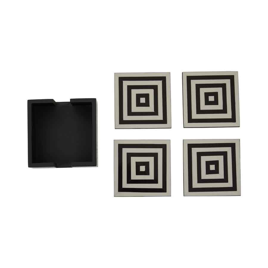 Donato Set of Four Black and White Stripe Coasters with Holder
