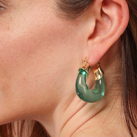Transparent Teal Blue Resin and Gold Hoop Earrings