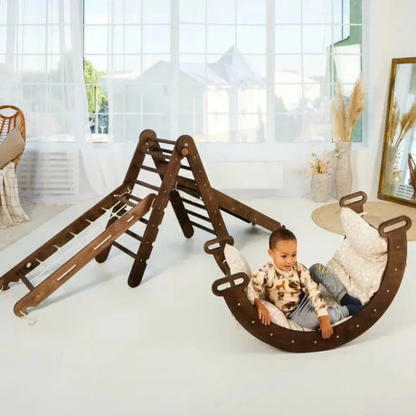 5in1 Montessori Climbing Frame: Pikler Triangle + Arch/Rocker + Slide Board/Ramp + Netting Rope + Cushion