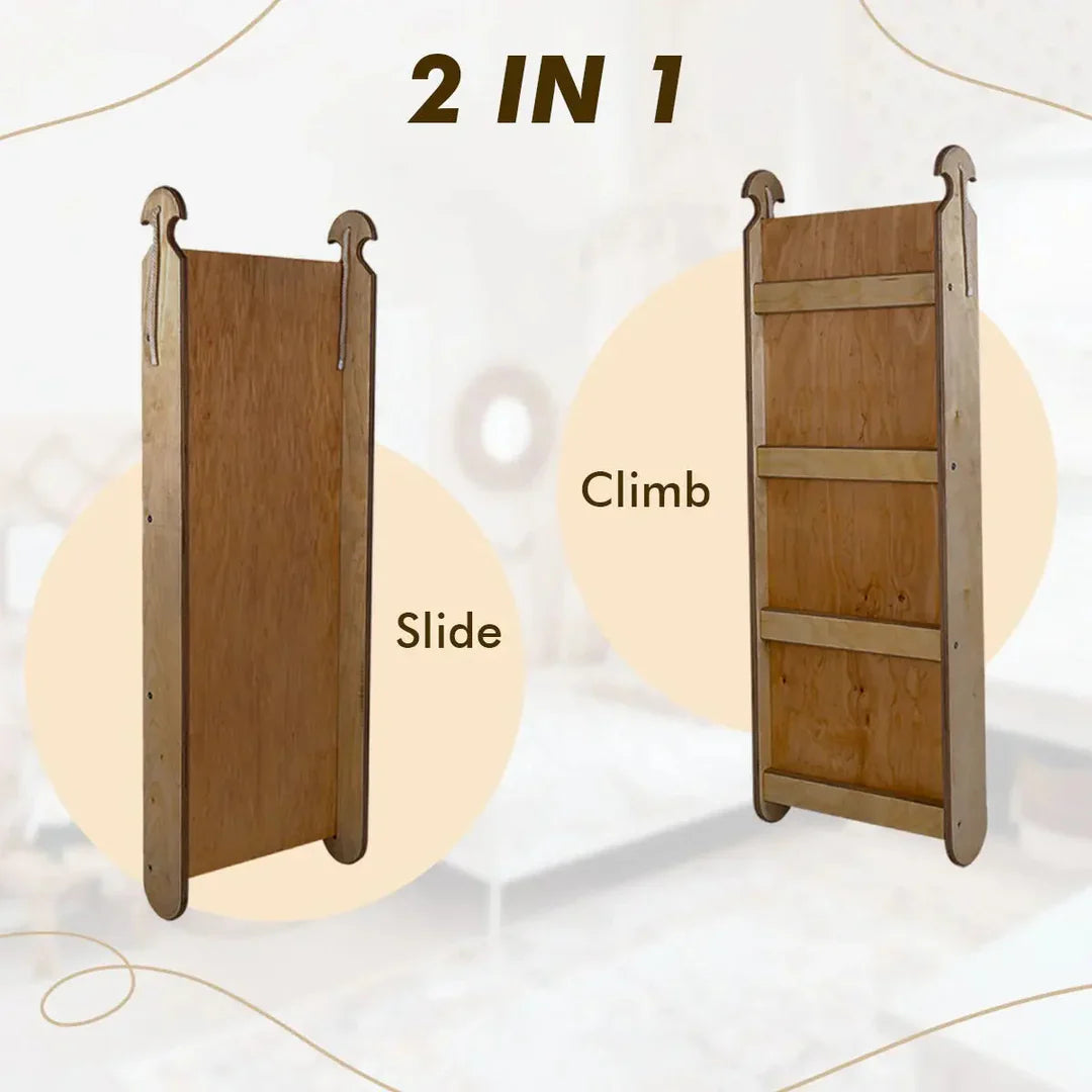 5in1 Montessori Climbing Frame: Triangle Ladder + Arch/Rocker + Slide Board/Ramp + Net + Cushion – Chocolate