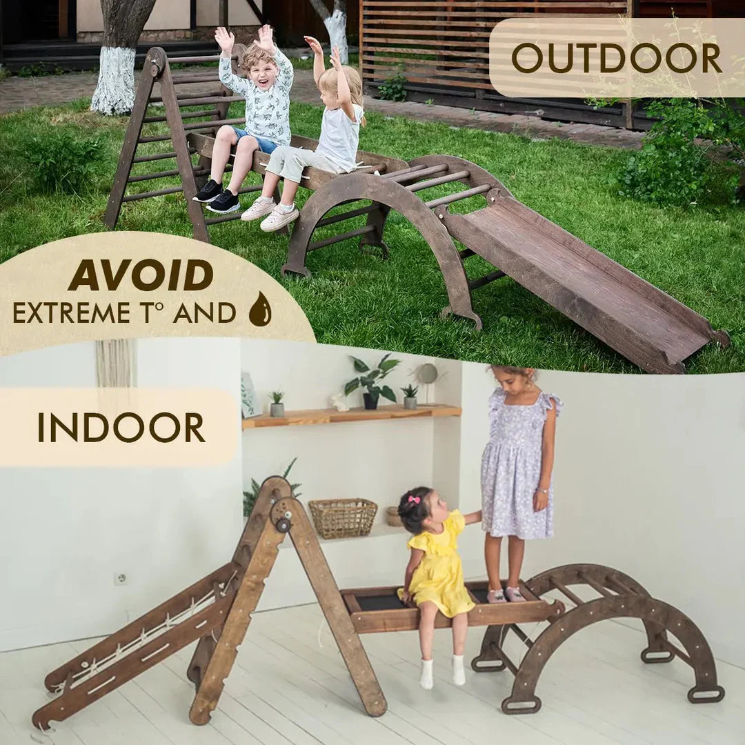 5in1 Montessori Climbing Frame: Triangle Ladder + Arch/Rocker + Slide Board/Ramp + Net + Cushion – Chocolate