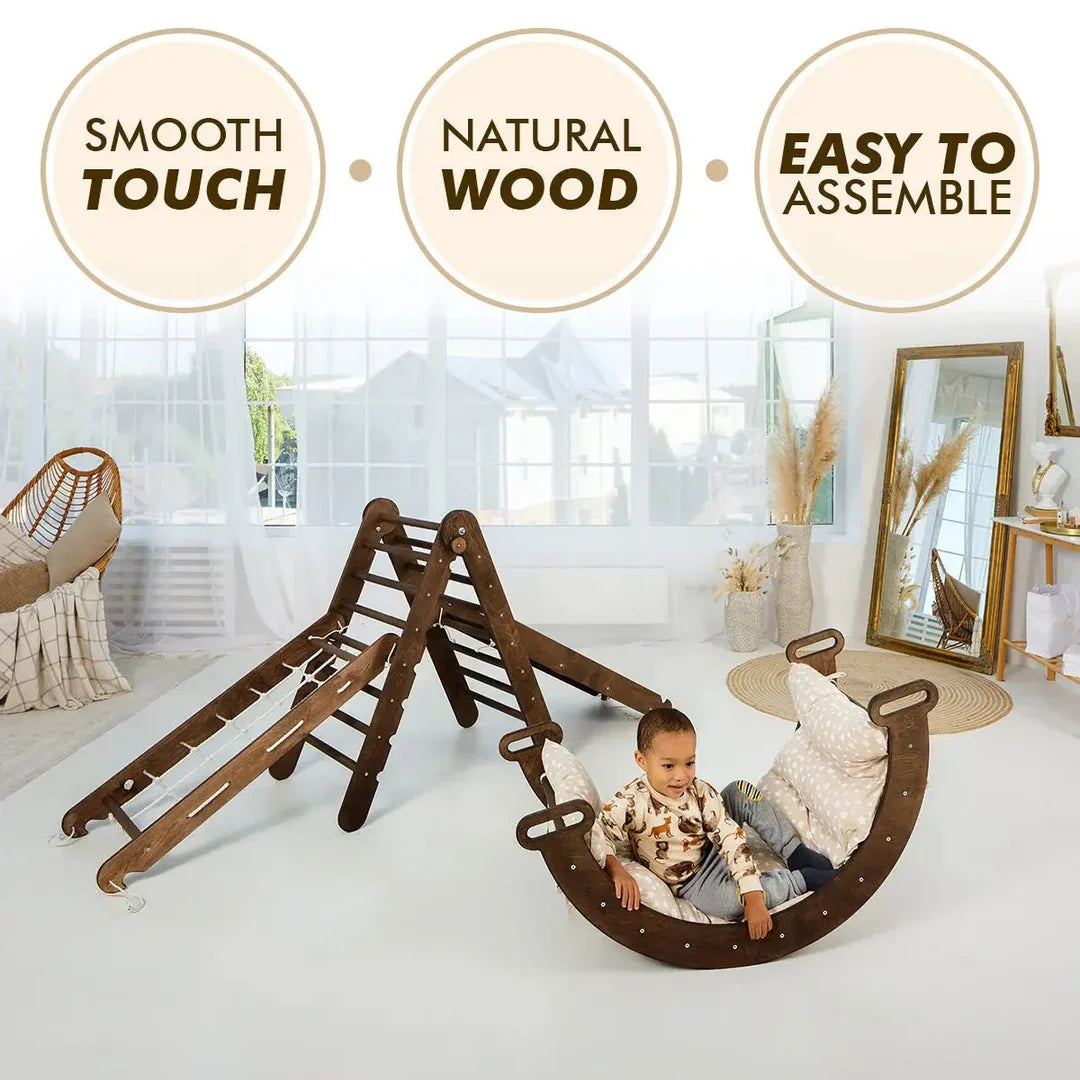 5in1 Montessori Climbing Frame: Triangle Ladder + Arch/Rocker + Slide Board/Ramp + Net + Cushion – Chocolate