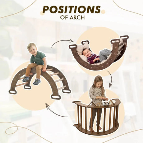 5in1 Montessori Climbing Frame: Triangle Ladder + Arch/Rocker + Slide Board/Ramp + Net + Cushion – Chocolate
