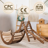 5in1 Montessori Climbing Frame: Triangle Ladder + Arch/Rocker + Slide Board/Ramp + Net + Cushion – Chocolate