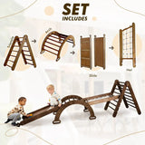 5in1 Montessori Climbing Frame: Triangle Ladder + Arch/Rocker + Slide Board/Ramp + Net + Cushion – Chocolate