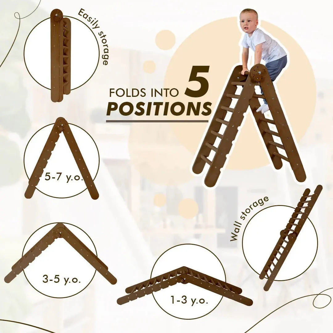5in1 Montessori Climbing Frame: Triangle Ladder + Arch/Rocker + Slide Board/Ramp + Net + Cushion – Chocolate